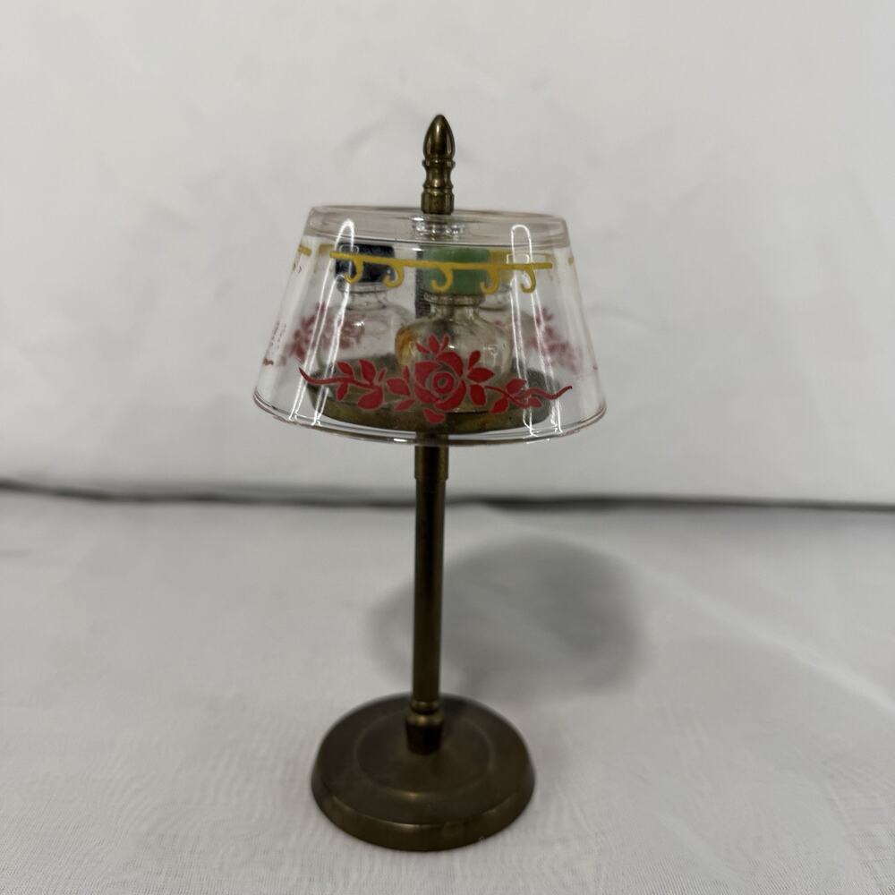 Vtg HI-LIGHTS Stuart BRASS Lamp Display Case Painted GLASS Shade perfume bottles